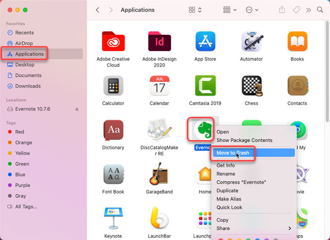 move Evernote to trash