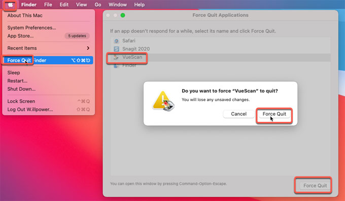 force quit VueScan