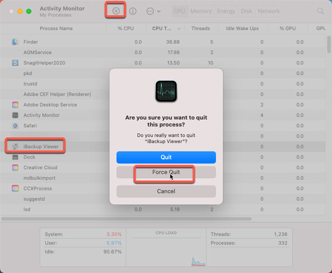 force quit iBackup Viewer